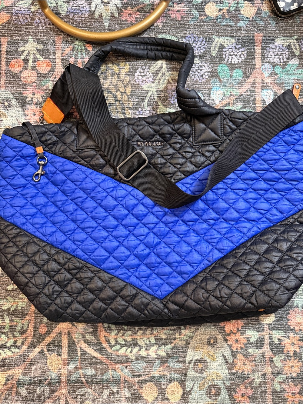 MZ Wallace Metro Tote Deluxe, featuring a quilted pattern in black & blue - Picture 2 of 8